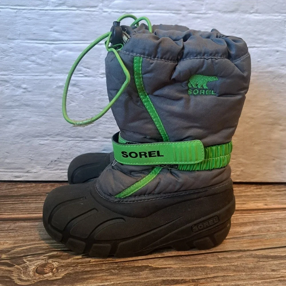 Sorel Kids Flurry Snow Boots Grey Lime Green Waterproof Winter  Size 1